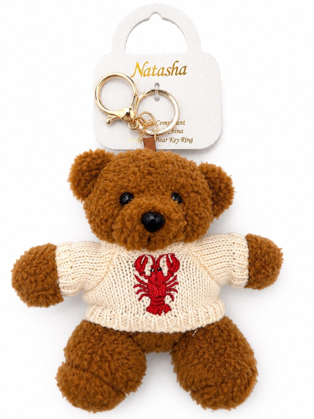 Natasha Brown Teddy Bear Keychain Bag Charm with Cream Sweater and Red Lobster